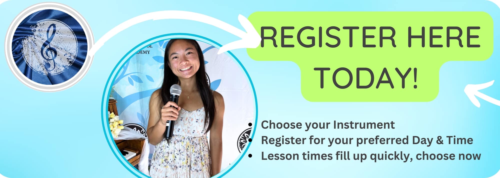 Bright banner urging registration today girl with microphone inside a circular frame left music logo on a blue background
