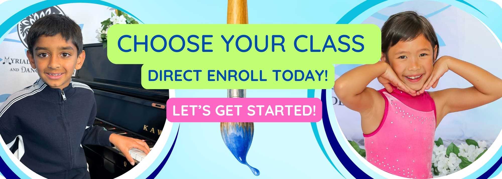Two children pose on a bright banner with bold CTAs'CHOOSE YOUR CLASS' and 'LET'S GET STARTED!' in the center.