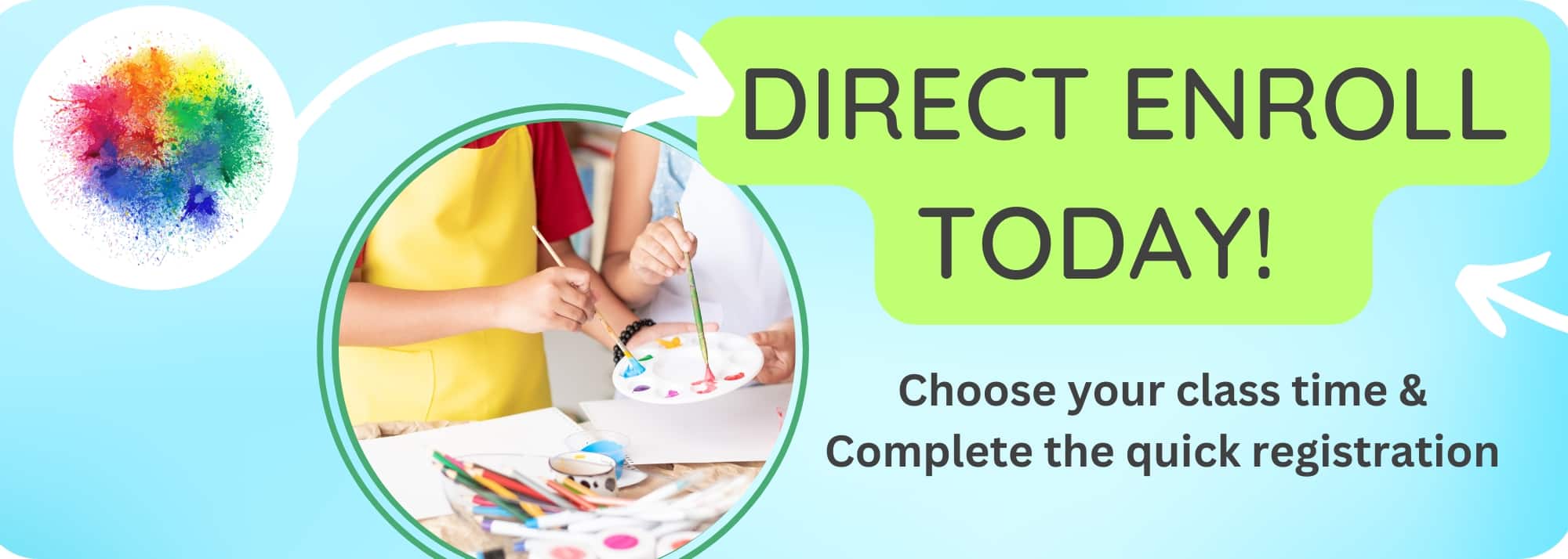 Banner advertising direct enrollment for an art class shows children painting with a color palette and bright splash design