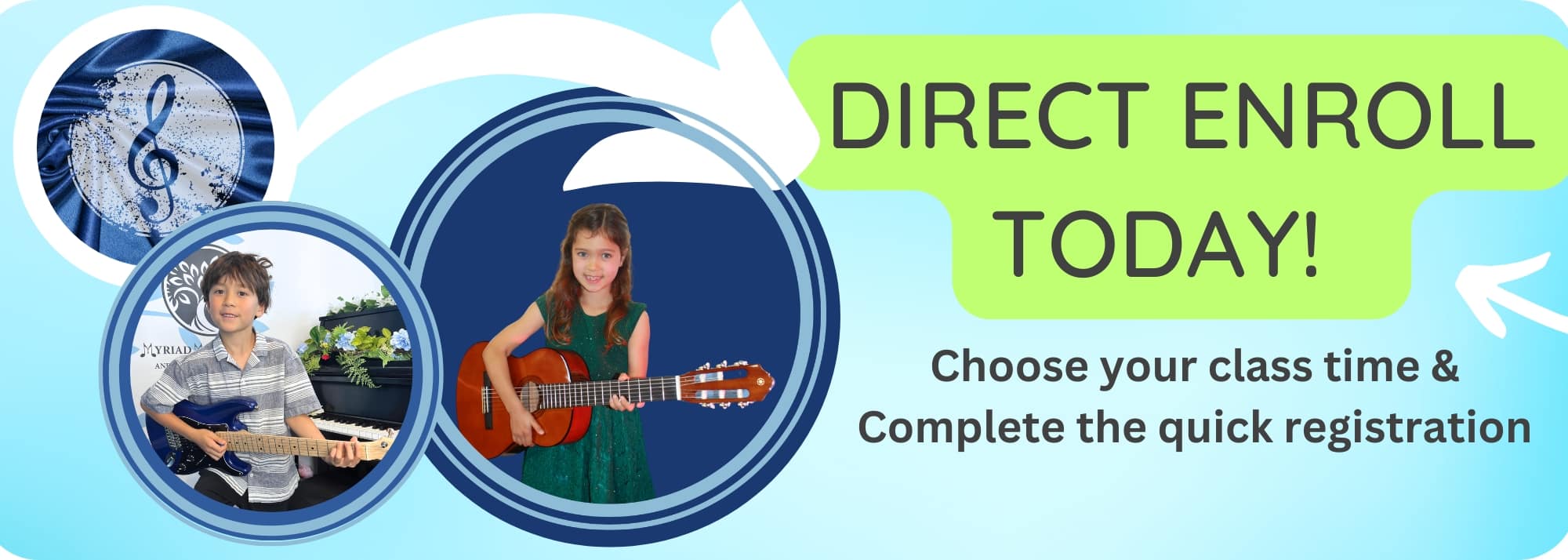 Bright banner promoting direct enrollment for music classes featuring kids with guitars and the text DIRECT ENROLL TODAY