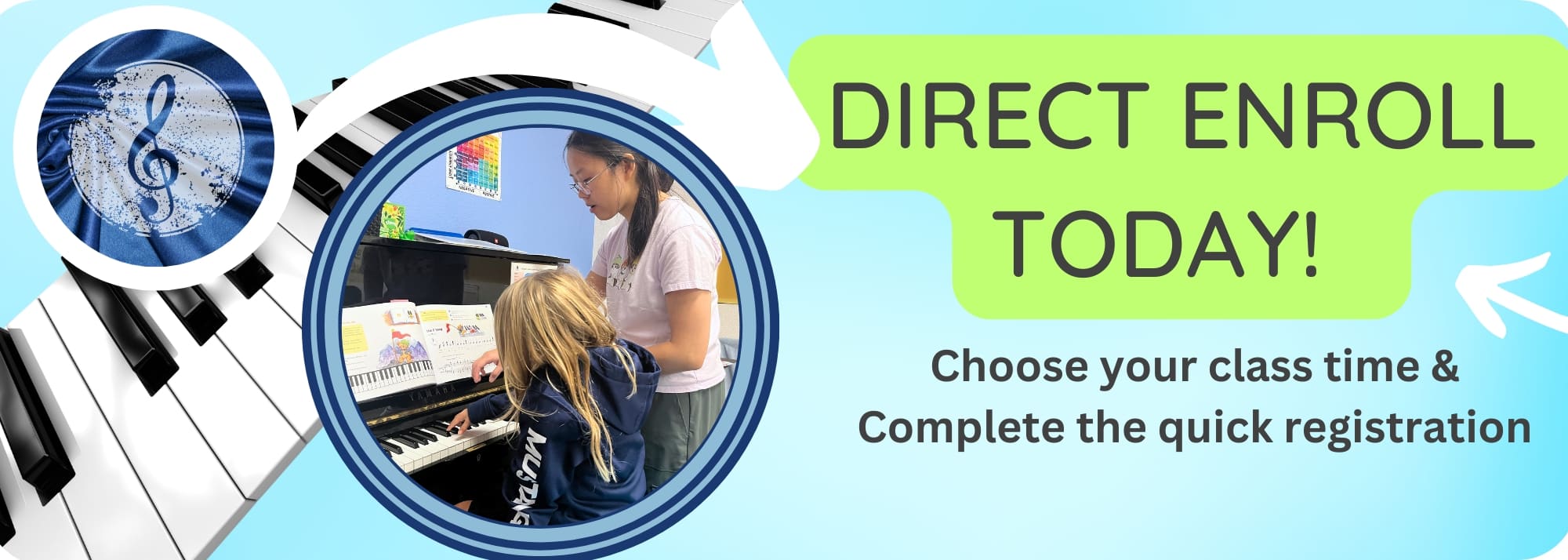 Banner promoting direct enrollment teacher assisting a child at a piano with bright blue background and bold green signup area