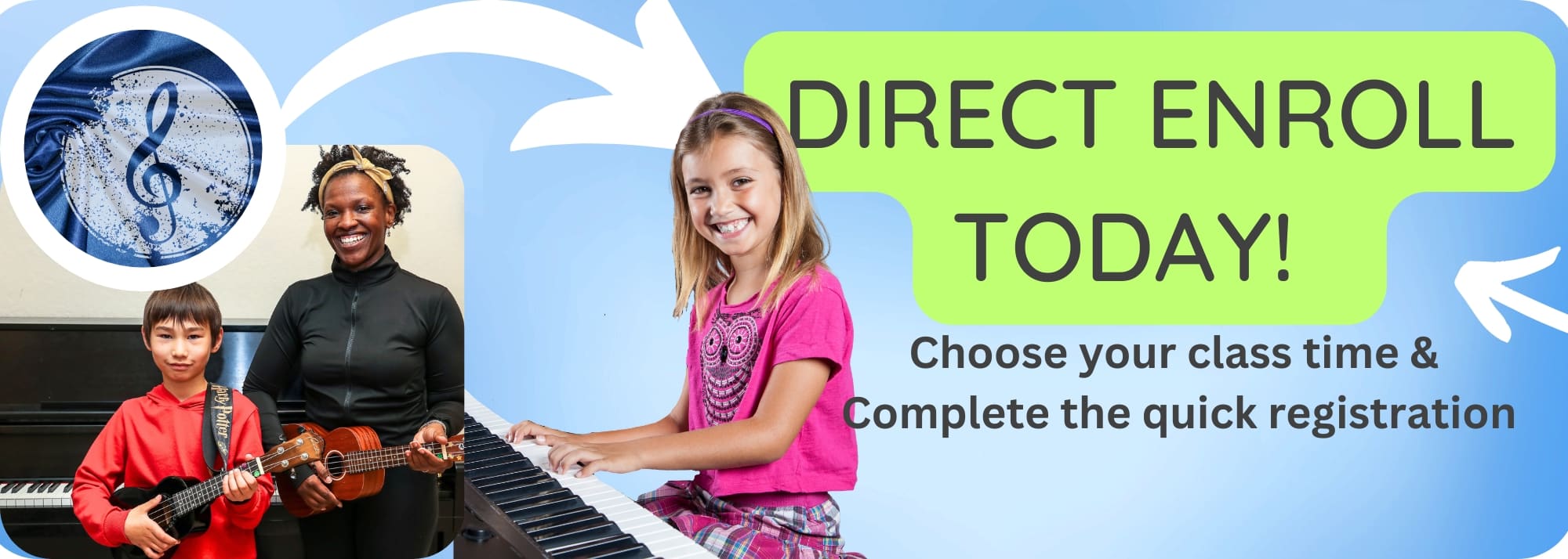 Bright banner promoting direct enrollment for music classes with kids playing instruments and a bold green'DIRECT ENROLL TODAY!' message.