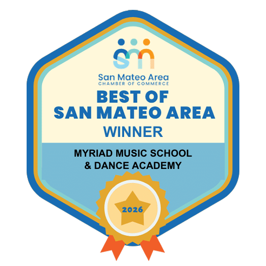 bestofbadge Best of San Mateo Area winner badge from the Chamber of Commerce for Myriad Music School Dance Academy 2026 with a gold star seal